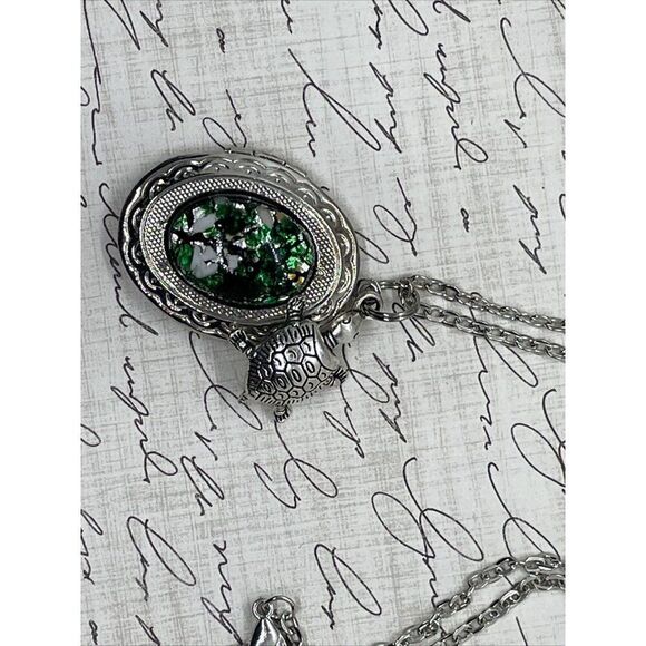 Green Turtle Opal Silver Nautical Beach Mermaid Photo Locket Necklace Valentines - Picture 6 of 16